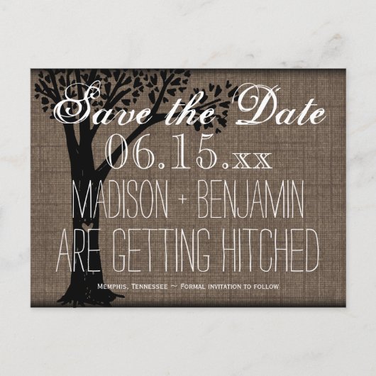 Carte Postale Faire-part Rustic Country Tree Burlap Enregistrer la date Car (Devant)