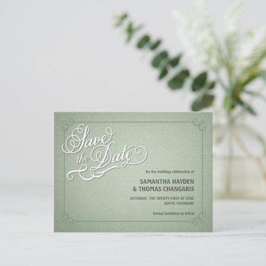 Carte Postale Faire-part Rustic Fade Green Enregistrer la date (Debout devant)