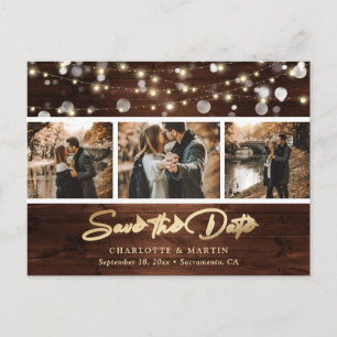 Carte Postale Faire-part Rustic Gold Foil Wood Mariage Photo Enregistrer La
