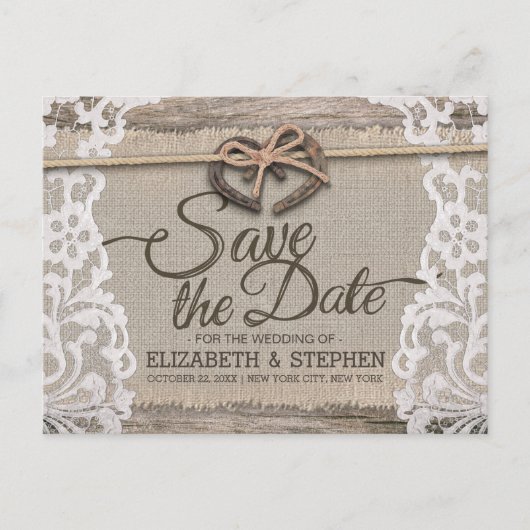 Carte Postale Faire-part Rustic Horseshoe Burlap Lace Wedding Enregistrer L (Devant)