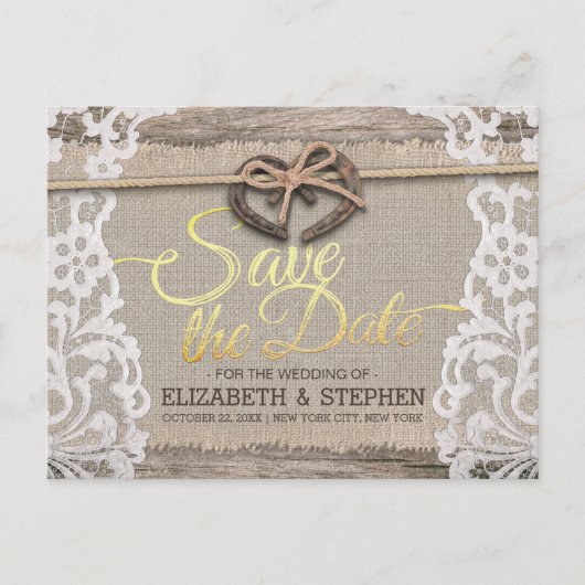 Carte Postale Faire-part Rustic Horseshoe Burlap Lace Wedding Enregistrer L (Devant)
