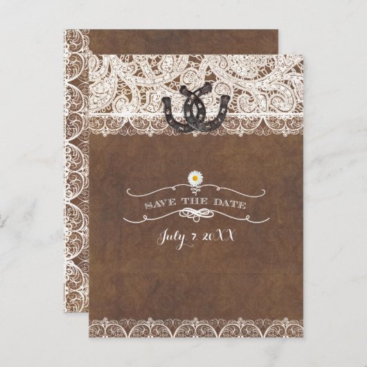 Carte Postale Faire-part Rustic Horseshoe & Lace Country ENREGISTRER LA DAT (Devant / Derrière)