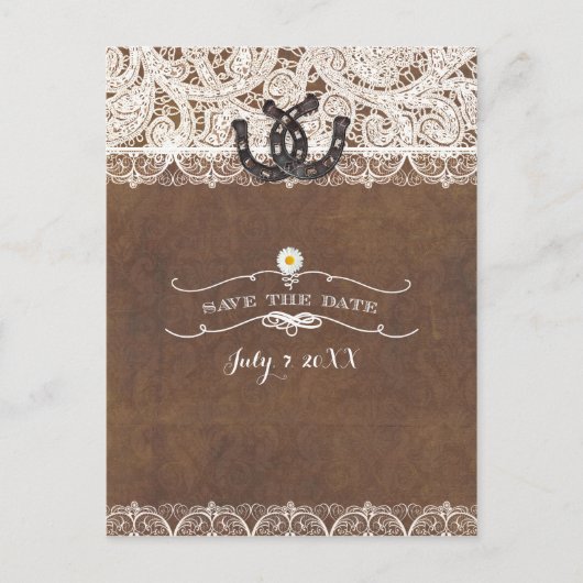 Carte Postale Faire-part Rustic Horseshoe & Lace Country ENREGISTRER LA DAT (Devant)
