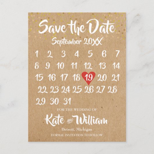 Carte Postale Faire-part Rustic Kraft Boho Calendrier Enregistrer la date P (Devant)