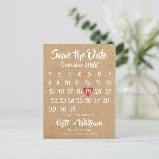 Carte Postale Faire-part Rustic Kraft Boho Calendrier Enregistrer la date P (Debout devant)