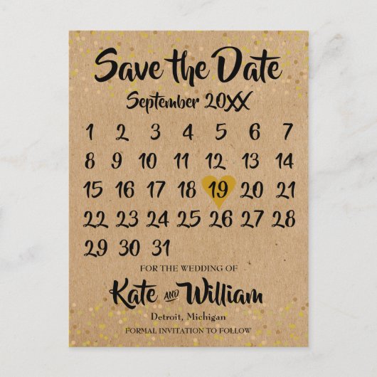 Carte Postale Faire-part Rustic Kraft Boho Calendrier Enregistrer la date P (Devant)