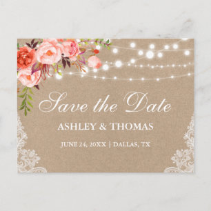 Carte Postale Faire-part Rustic Kraft dentelle corail floral Enregistrer la