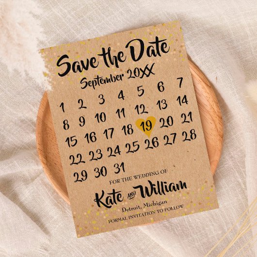 Carte Postale Faire-part Rustic Kraft Love Heart Calendrier Enregistrer la 
