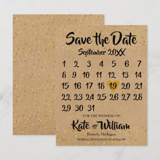 Carte Postale Faire-part Rustic Kraft Love Heart Calendrier Enregistrer la  (Devant / Derrière)