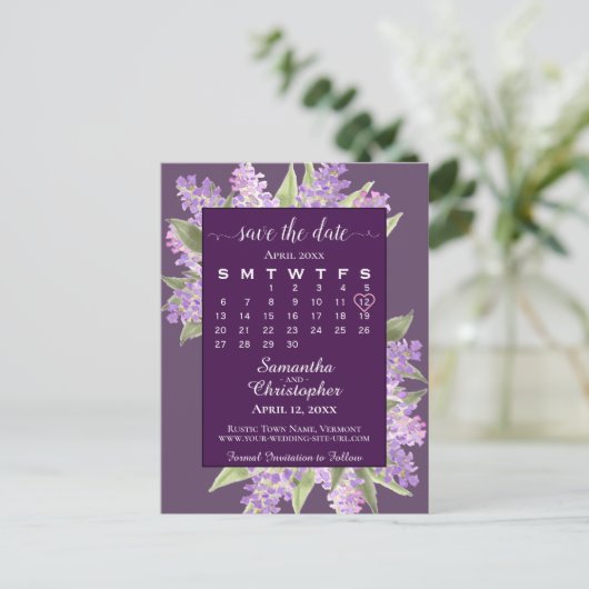 Carte Postale Faire-part Rustic Lilacs Wedding Enregistrer la date Calendri (Debout devant)