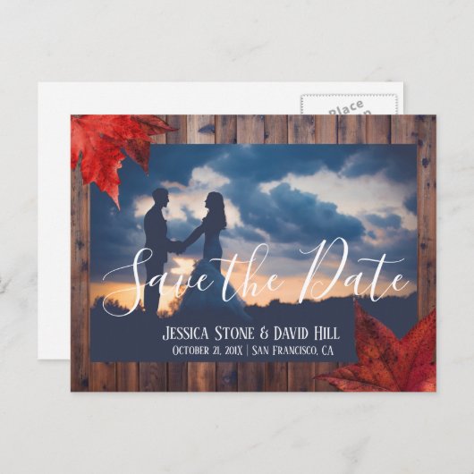 Carte Postale Faire-part Rustic Maple Feuille Mariage de automne Enregistre (Devant / Derrière)