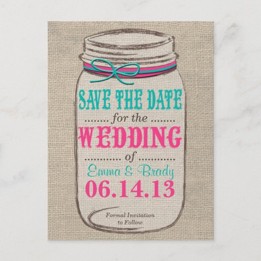 Carte Postale Faire-part Rustic Mason Jar Enregistrer la date rose Turquois (Devant)