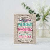 Carte Postale Faire-part Rustic Mason Jar Enregistrer la date rose Turquois (Debout devant)