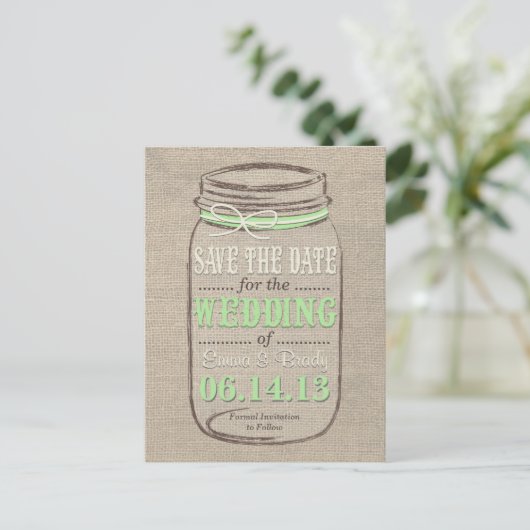 Carte Postale Faire-part Rustic Mason Jar Enregistrer la date Vert clair (Debout devant)