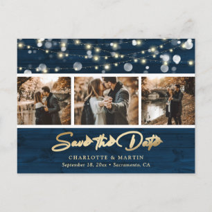 Carte Postale Faire-part Rustic Navy Blue Gold Mariage Photo Enregistrer la