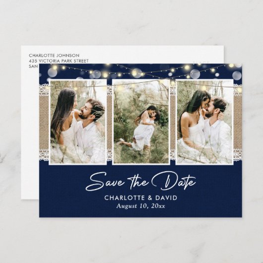 Carte Postale Faire-part Rustic Navy Blue Mariage Photo Enregistrer La Date (Devant / Derrière)