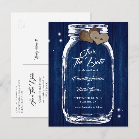 Carte Postale Faire-part Rustic Navy Blue Mason Jar Mariage Enregistrer La  (Devant / Derrière)