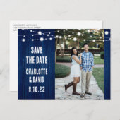 Carte Postale Faire-part Rustic Navy Blue Wedding Enregistrer La Date Photo (Devant / Derrière)