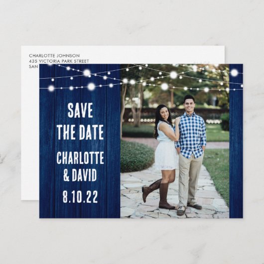 Carte Postale Faire-part Rustic Navy Blue Wedding Enregistrer La Date Photo (Devant / Derrière)