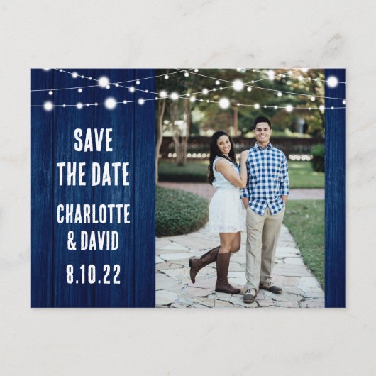 Carte Postale Faire-part Rustic Navy Blue Wedding Enregistrer La Date Photo (Devant)