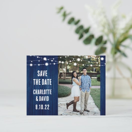 Carte Postale Faire-part Rustic Navy Blue Wedding Enregistrer La Date Photo (Debout devant)