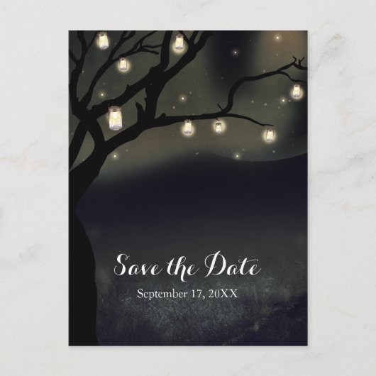 Carte Postale Faire-part Rustic Night Tree & Mason Jar Lights Enregistrer l (Devant)