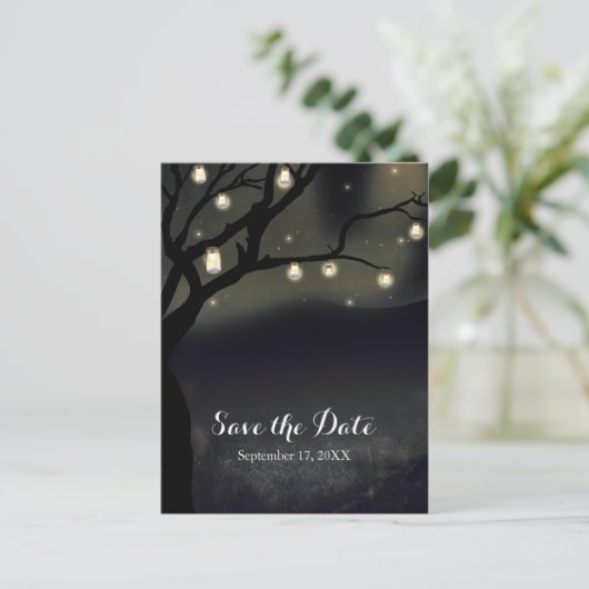 Carte Postale Faire-part Rustic Night Tree & Mason Jar Lights Enregistrer l (Debout devant)