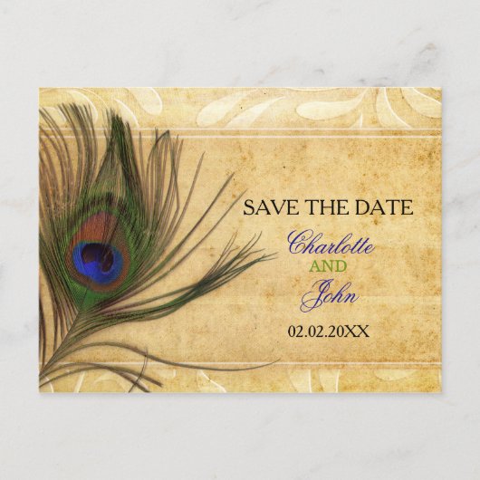 Carte Postale Faire-part Rustic Peacock Mariage en plume enregistrer la dat (Devant)