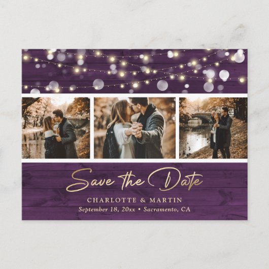 Carte Postale Faire-part Rustic Purple Gold Mariage Photo Enregistrer La Da (Devant)