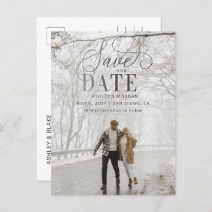 Carte Postale Faire-part Rustic Silver Grey Script Photo Enregistrer la dat