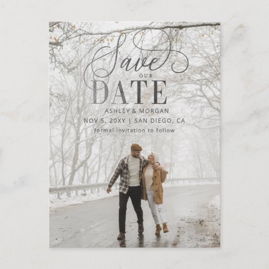 Carte Postale Faire-part Rustic Silver Grey Script Photo Enregistrer la dat (Devant)