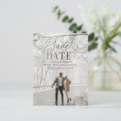 Carte Postale Faire-part Rustic Silver Grey Script Photo Enregistrer la dat (Debout devant)