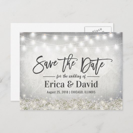 Carte Postale Faire-part Rustic String Lights Country Floral Enregistrer la (Devant / Derrière)