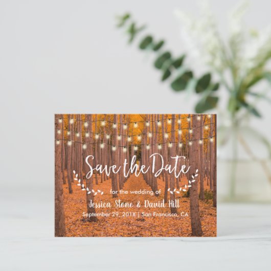 Carte Postale Faire-part Rustic String Lights Mariage d'automne Enregistrer (Debout devant)