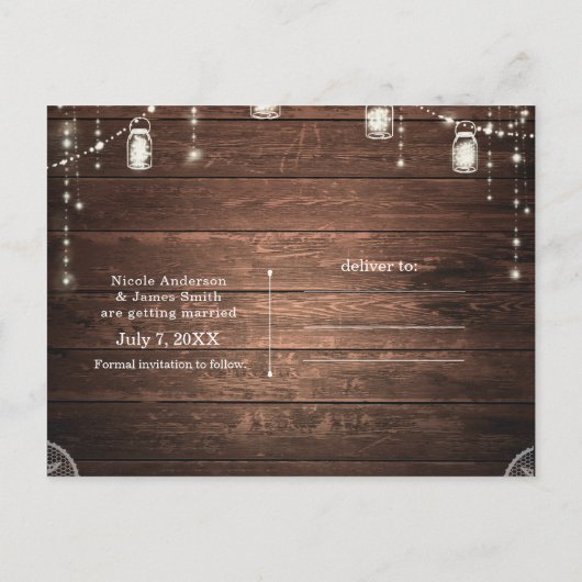 Carte Postale Faire-part Rustic String Lights Mason Jars Lace Enregistrer l (Dos)