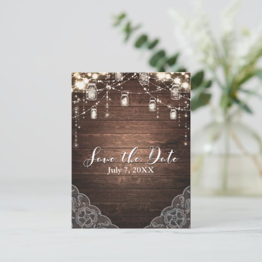 Carte Postale Faire-part Rustic String Lights Mason Jars Lace Enregistrer l (Debout devant)
