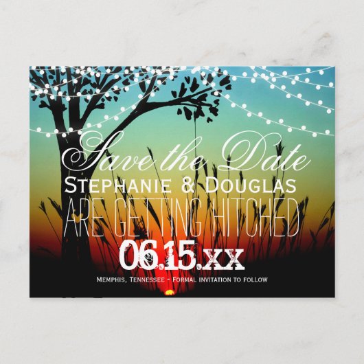Carte Postale Faire-part Rustic String Lights Sunset Enregistrer la date Ca (Devant)