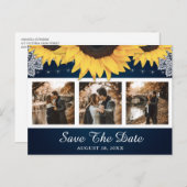 Carte Postale Faire-part Rustic Sunflower Navy Mariage Photo Enregistrer la (Devant / Derrière)