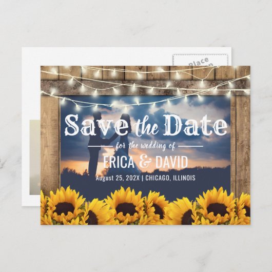 Carte Postale Faire-part Rustic Sunflower String Lights Photo Enregistrer l (Devant / Derrière)