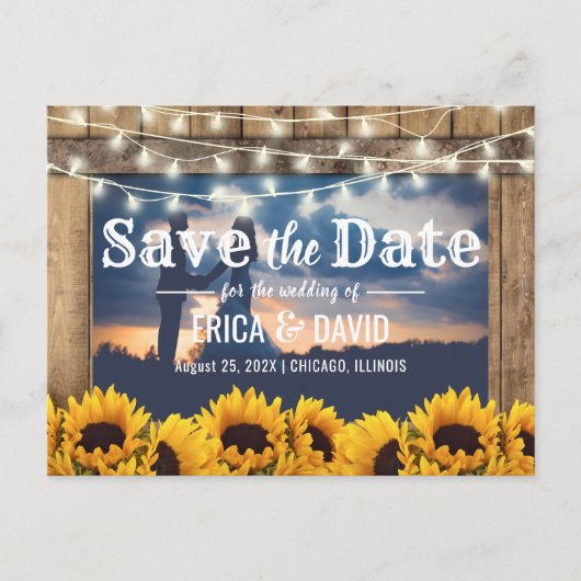 Carte Postale Faire-part Rustic Sunflower String Lights Photo Enregistrer l (Devant)