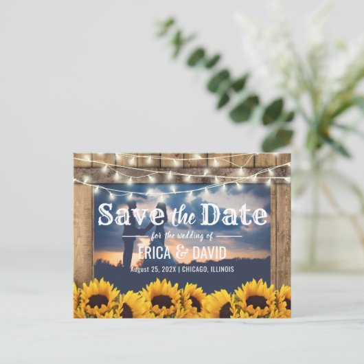 Carte Postale Faire-part Rustic Sunflower String Lights Photo Enregistrer l (Debout devant)