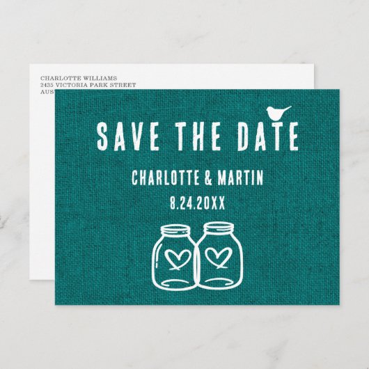 Carte Postale Faire-part Rustic Turquoise Burlap Wedding Enregistrer La Dat (Devant / Derrière)
