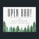 Carte Postale Faire-part Rustic Watercolor Forest Open Bar Enregistrer la d<br><div class="desc">Arbres rustiques aquarelle vert forêt,  mariage enregistrer la date carte postale. La carte comporte un drôle de "OPEN BAR!" sur le devant avec élégante calligraphie "Save the Date",  sur le dos.</div>
