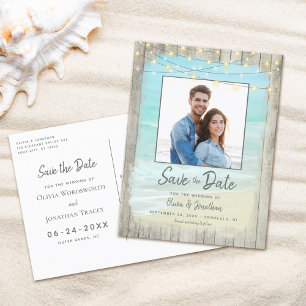 Carte Postale Faire-part Rustic Wood Beach Enregistrer la date Mariage