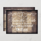 Carte Postale Faire-part Rustic Wood Double Hearts Enregistrer la date Cart (Devant / Derrière)
