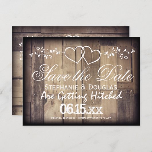 Carte Postale Faire-part Rustic Wood Double Hearts Enregistrer la date Cart (Devant / Derrière)