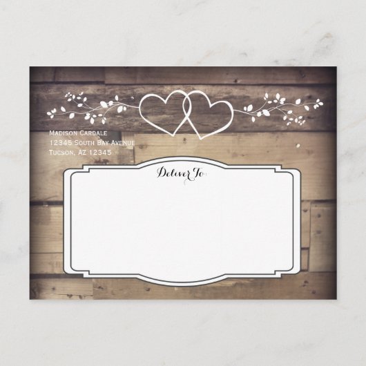 Carte Postale Faire-part Rustic Wood Double Hearts Enregistrer la date Cart (Dos)