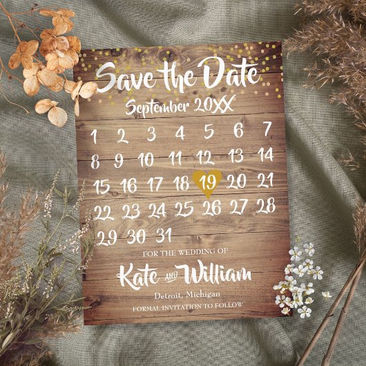 Carte Postale Faire-part Rustic Wood Gold Love Heart Calendrier Enregistrer