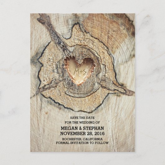 Carte Postale Faire-part Rustic Wood Heart Enregistrer la date (Devant)