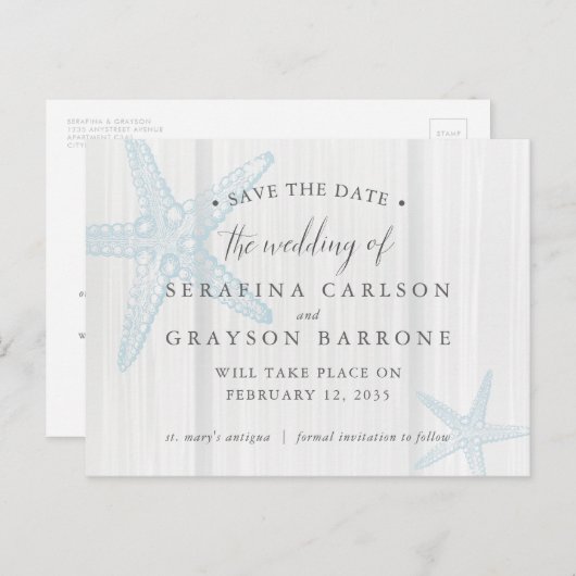 Carte Postale Faire-part Rustic Wood Starfish Beach Mariage Sauvez la date (Devant / Derrière)